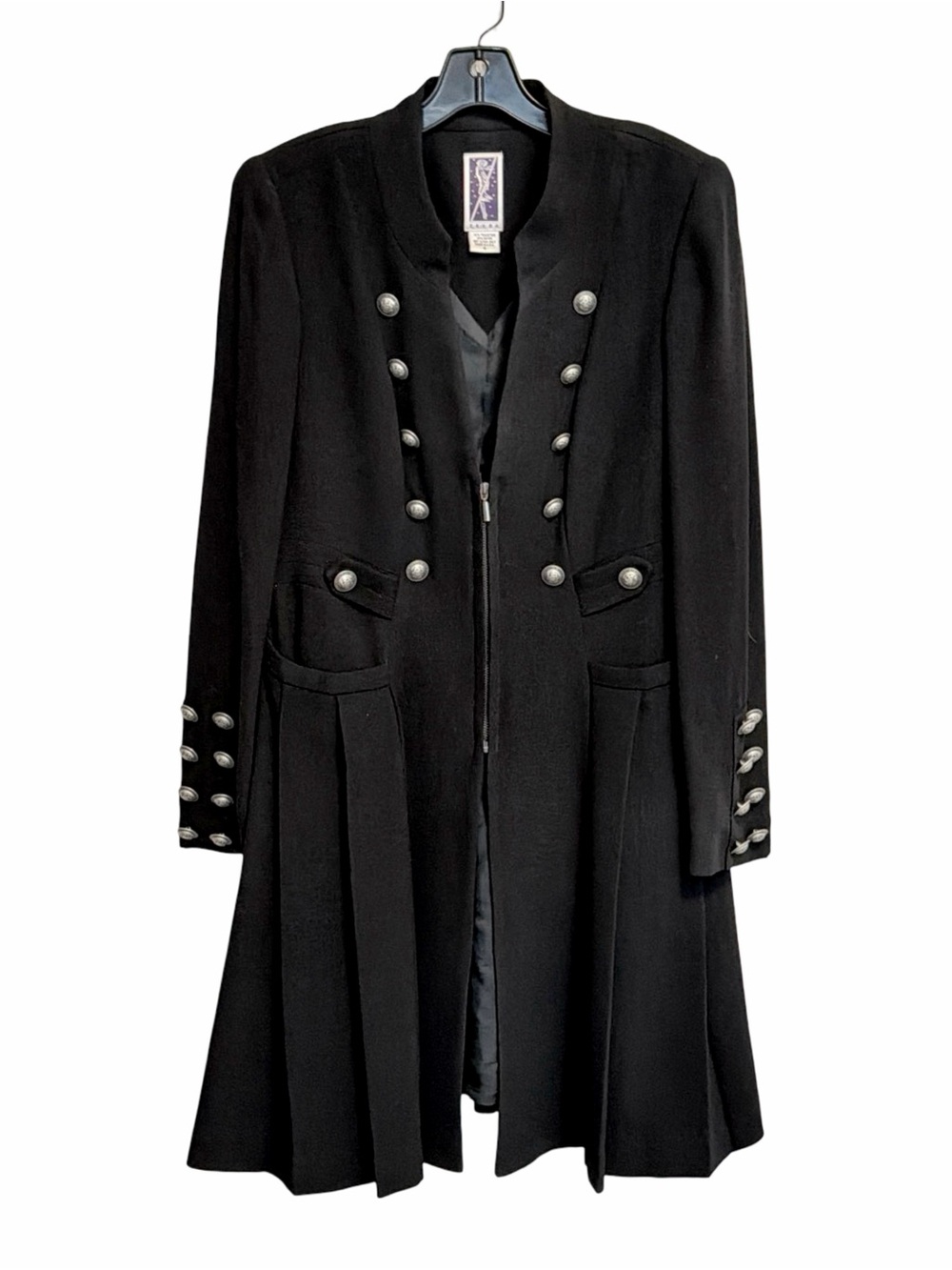 Zelda Women’s Military-Chic Long Coat | Black w/ Silver-Tone Buttons | Size 6